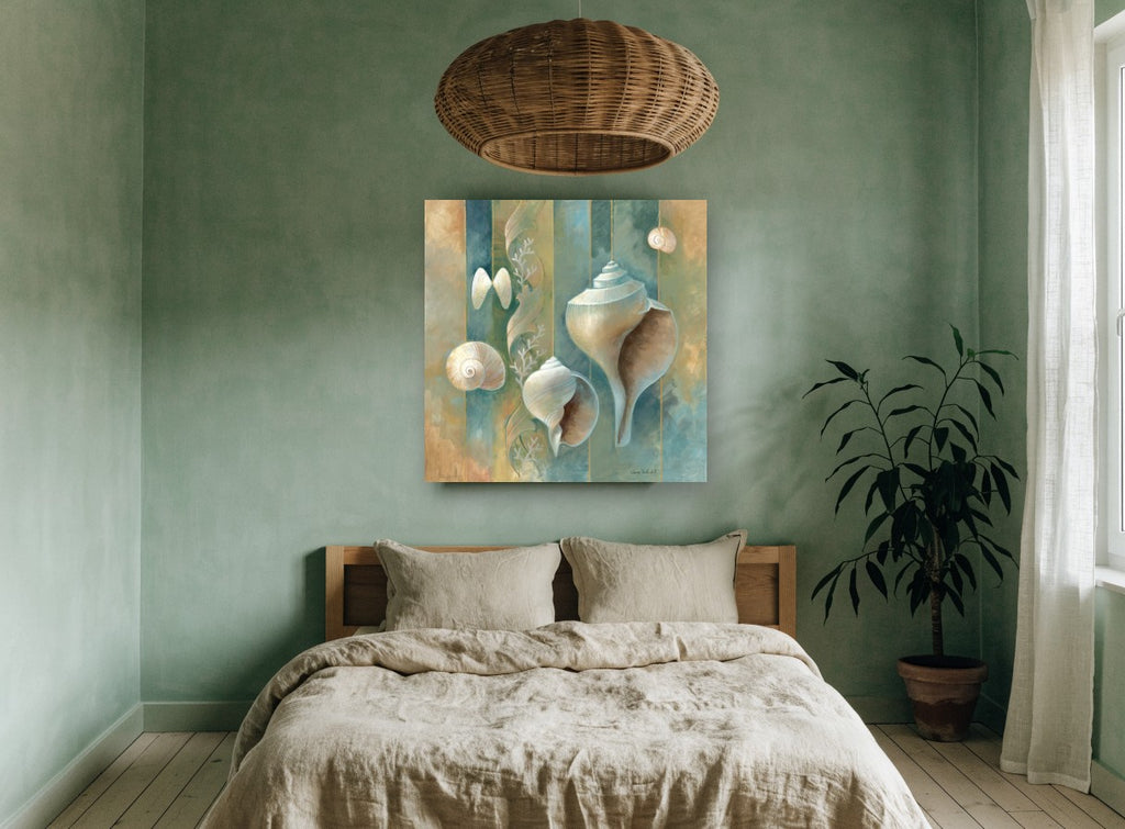 Striped Shell Collection coastal canvas print on the wall of a bedroom