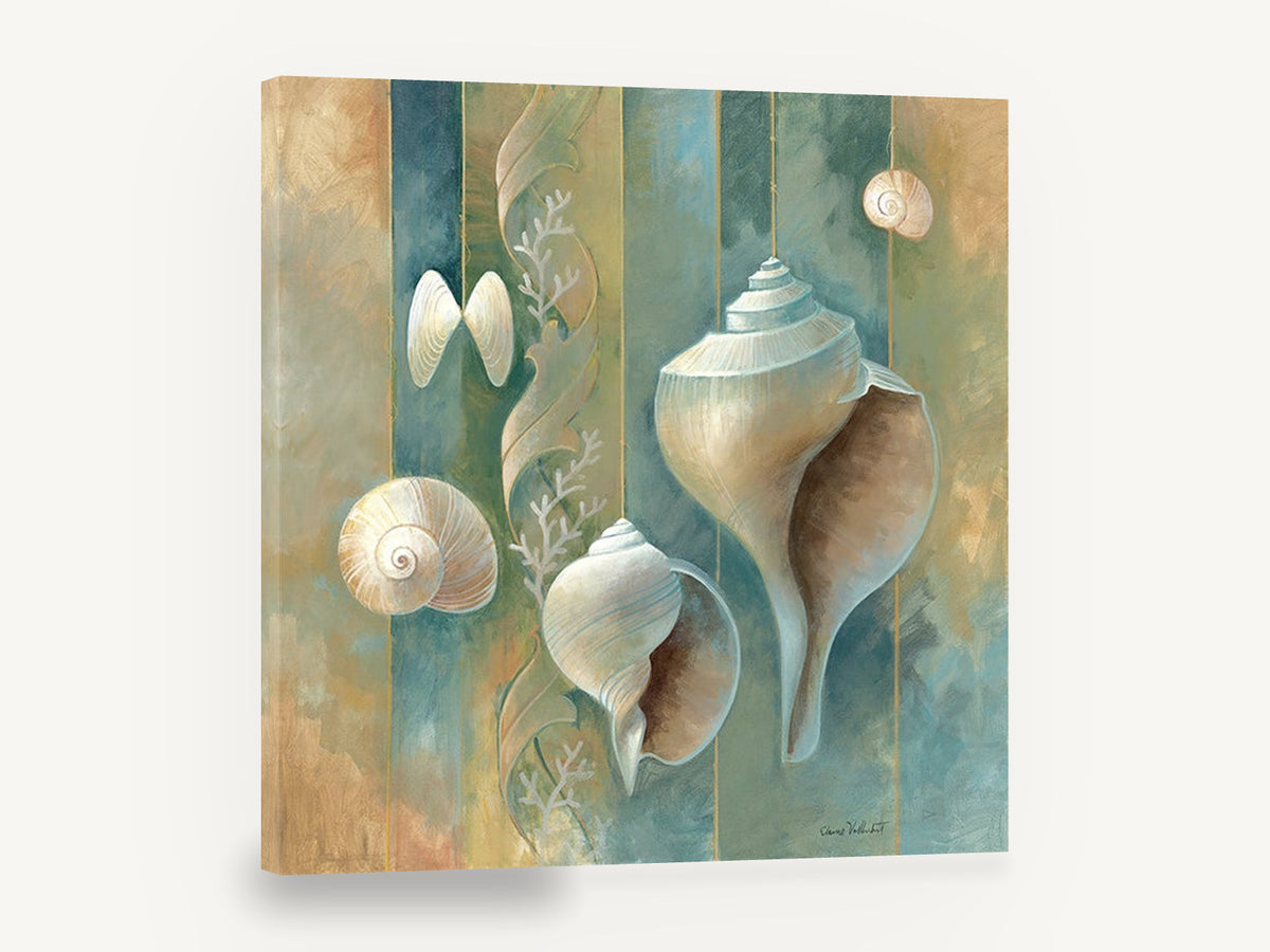 Striped Shell Collection, seashells on teal stripes painting, coastal canvas wall art print ready to hang