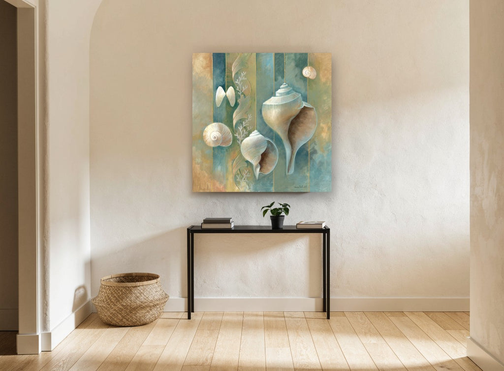 Striped Shell Collection coastal canvas print on the wall of a hallway