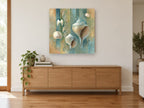 Striped Shell Collection coastal canvas print on the wall of a living room above a sideboard
