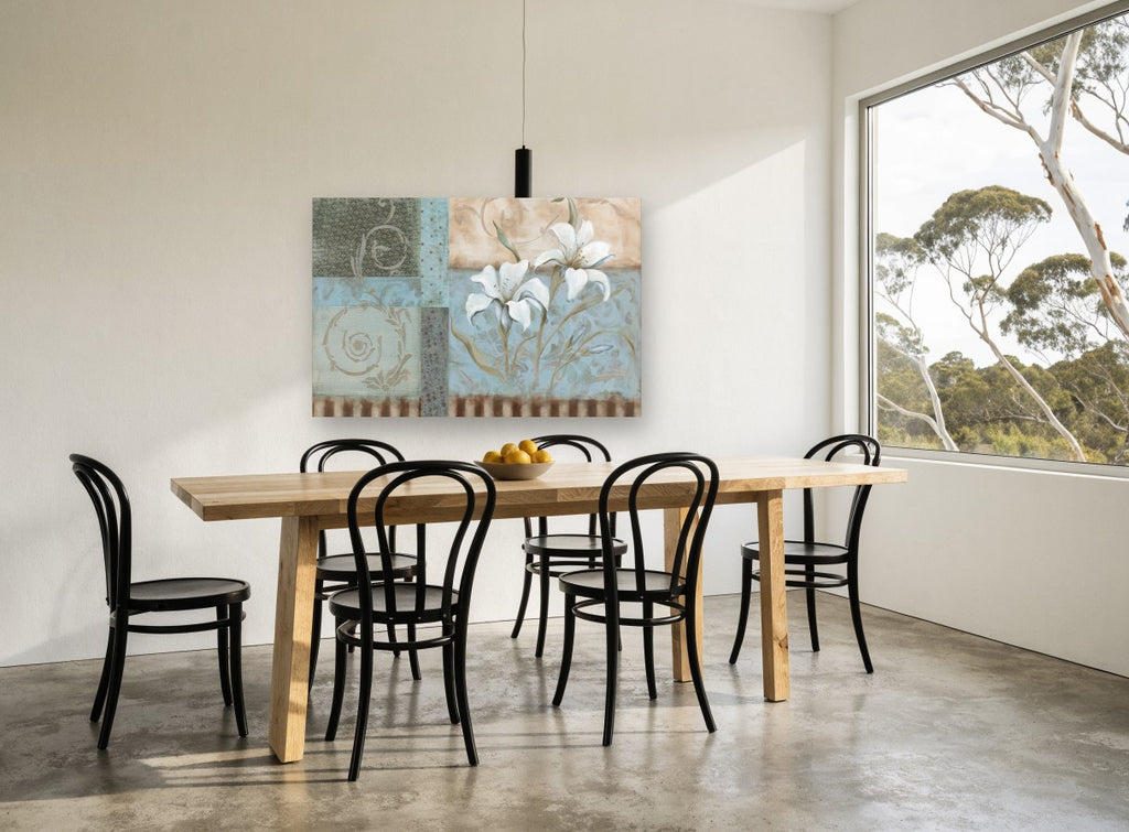 Blue Panel Lilies floral canvas print on the wall of a dining room