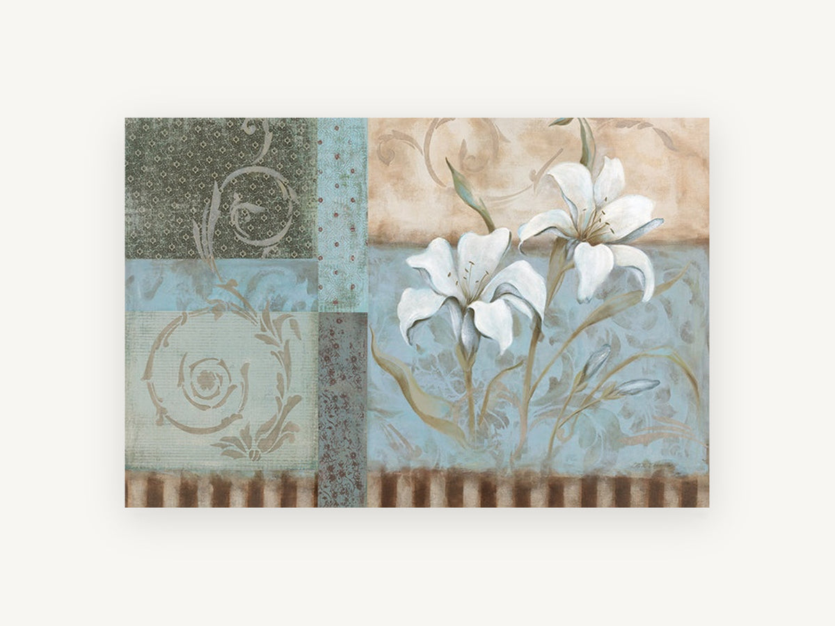 Blue Panel Lilies, floral canvas wall art print, front view