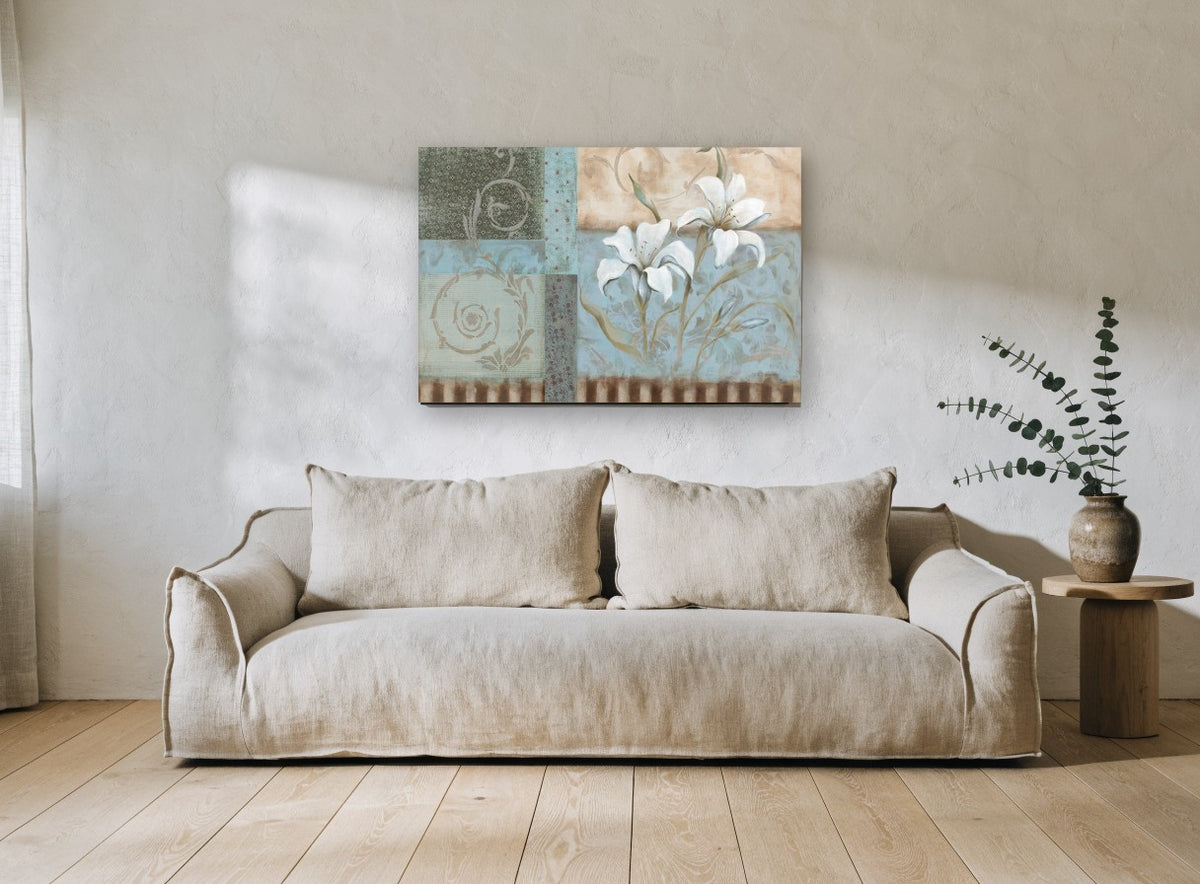 Blue Panel Lilies floral canvas print on the wall of a living room
