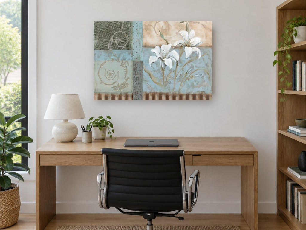 Blue Panel Lilies floral canvas print on the wall of a study