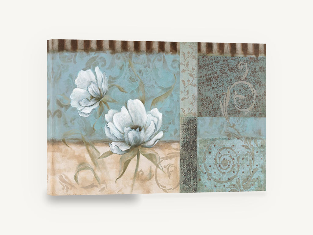 Blue Panel Peonies, white peony blue patchwork panel art, floral canvas wall art print ready to hang