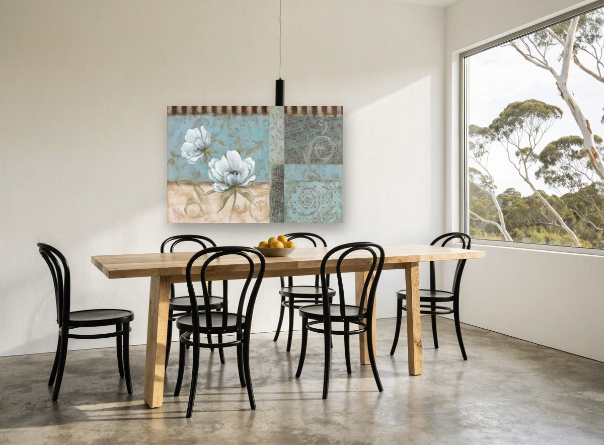 Blue Panel Peonies floral canvas print on the wall of a dining room