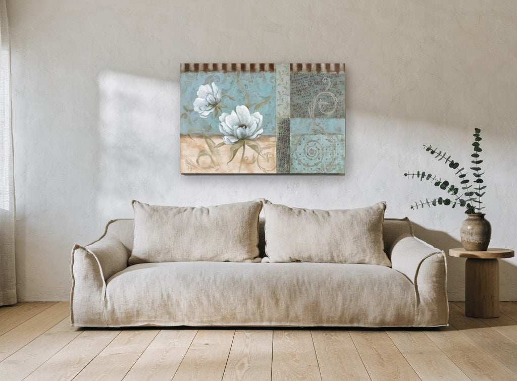 Blue Panel Peonies floral canvas print on the wall of a living room