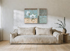 Blue Panel Peonies floral canvas print on the wall of a living room