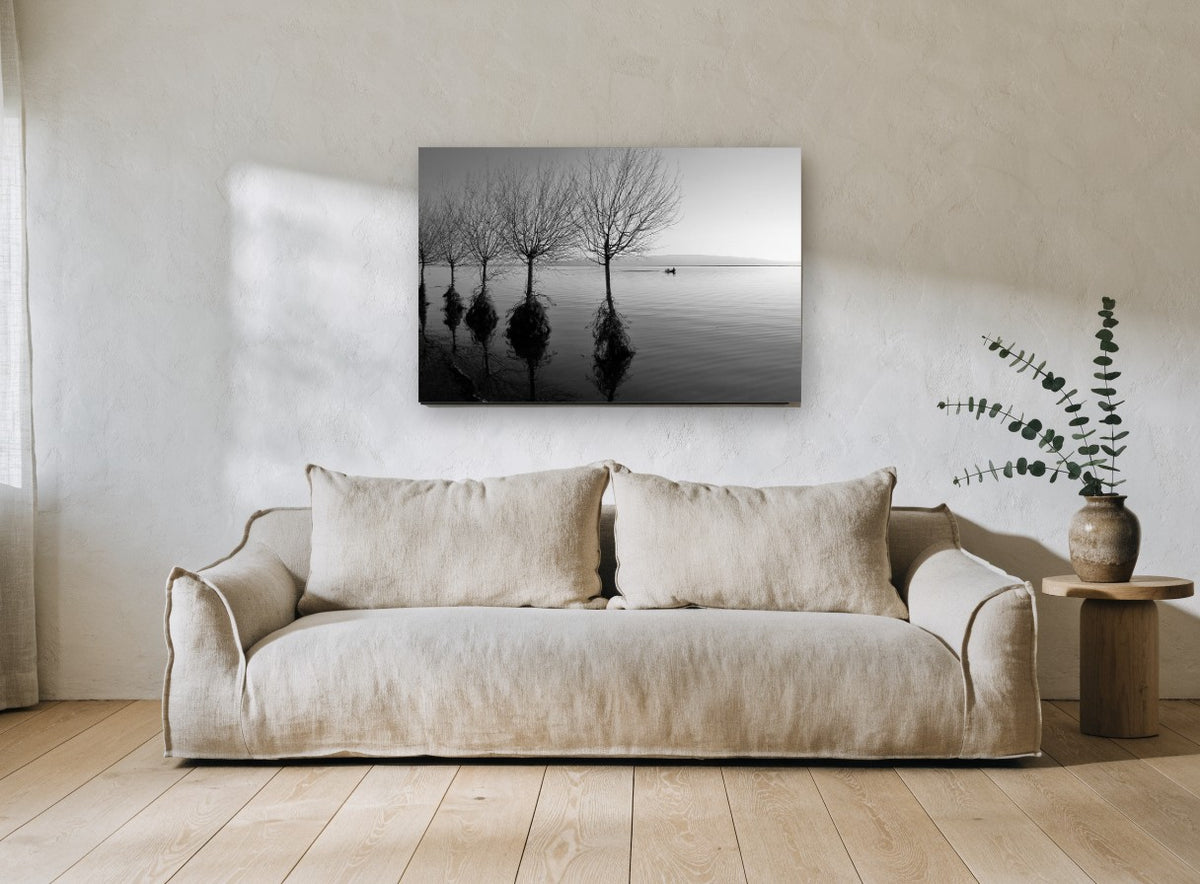 Flooded Willows at Dusk coastal canvas print on the wall of a living room