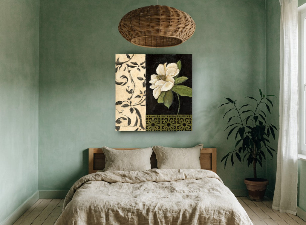 White Magnolia on Black floral canvas print on the wall of a bedroom