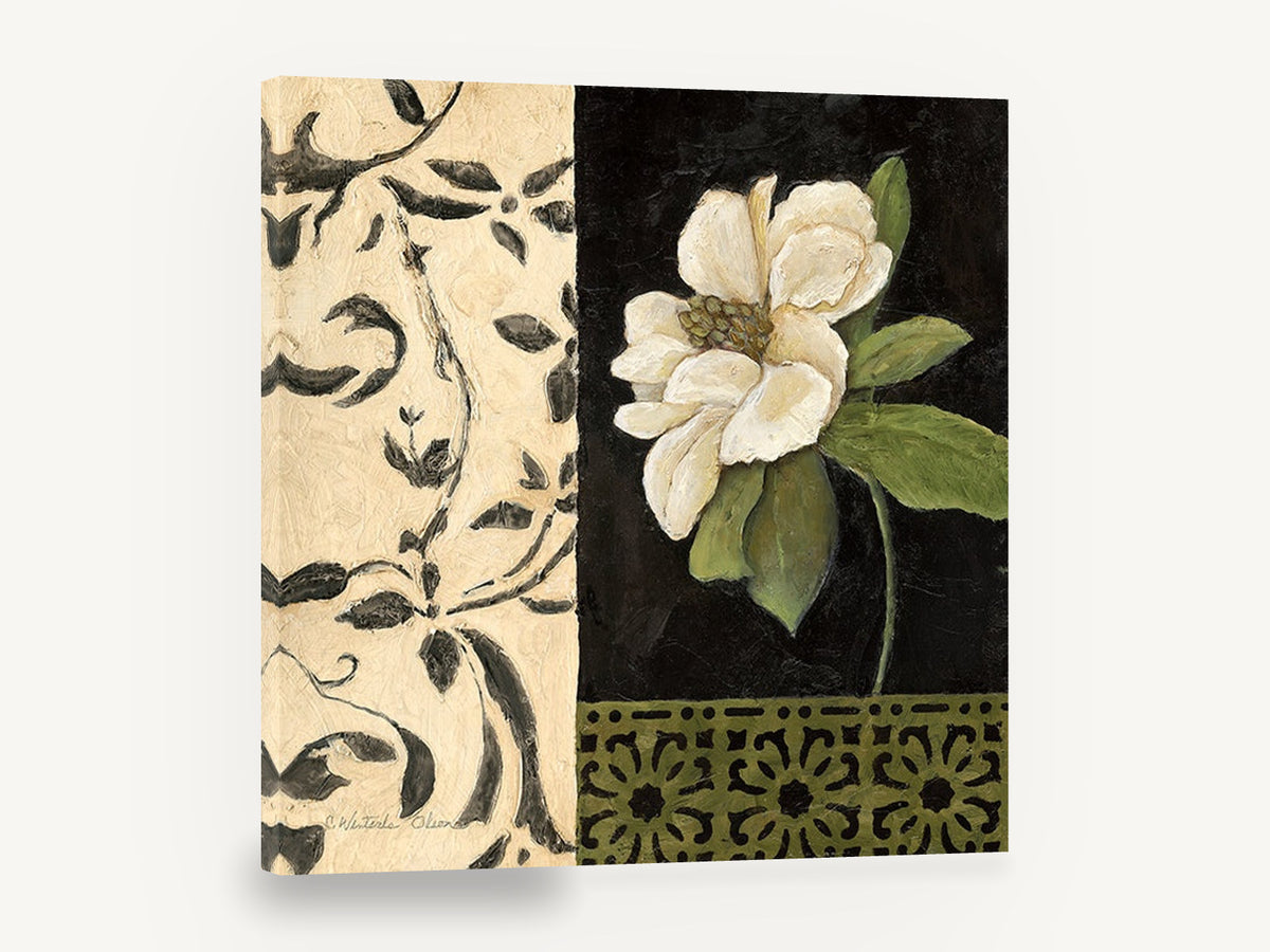 White Magnolia on Black, white magnolia black cream floral panel, floral canvas wall art print ready to hang