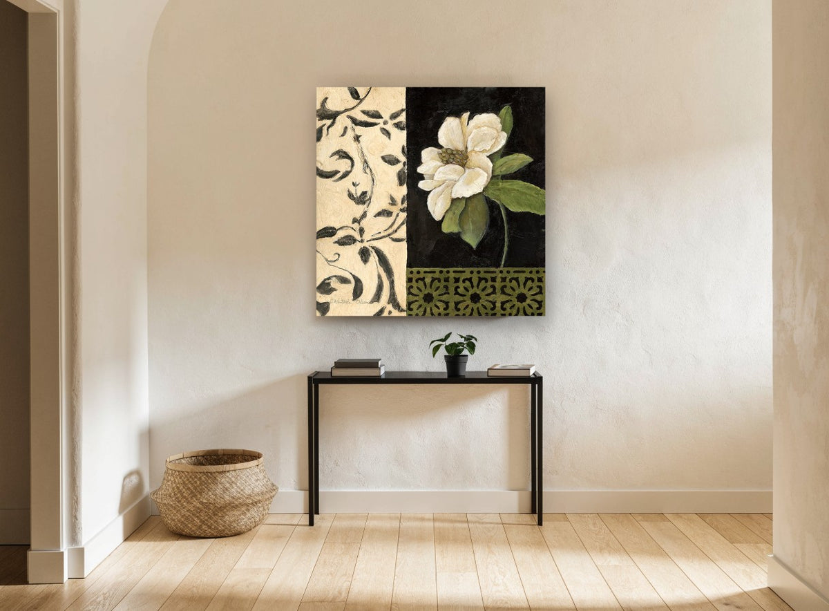 White Magnolia on Black floral canvas print on the wall of a hallway