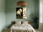 Hydrangea on Black Damask floral canvas print on the wall of a bedroom
