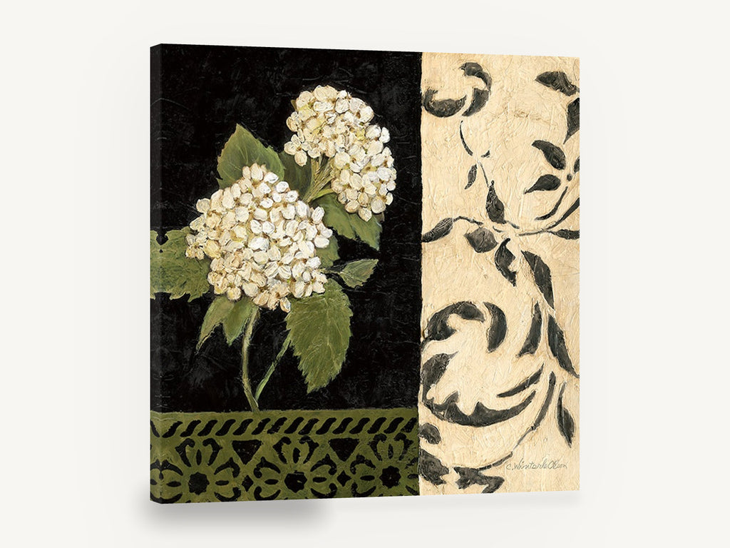 Hydrangea on Black Damask, white hydrangea black and cream botanical, floral canvas wall art print ready to hang