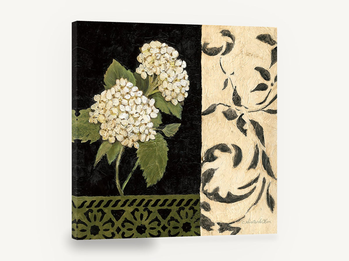 Hydrangea on Black Damask, white hydrangea black and cream botanical, floral canvas wall art print ready to hang