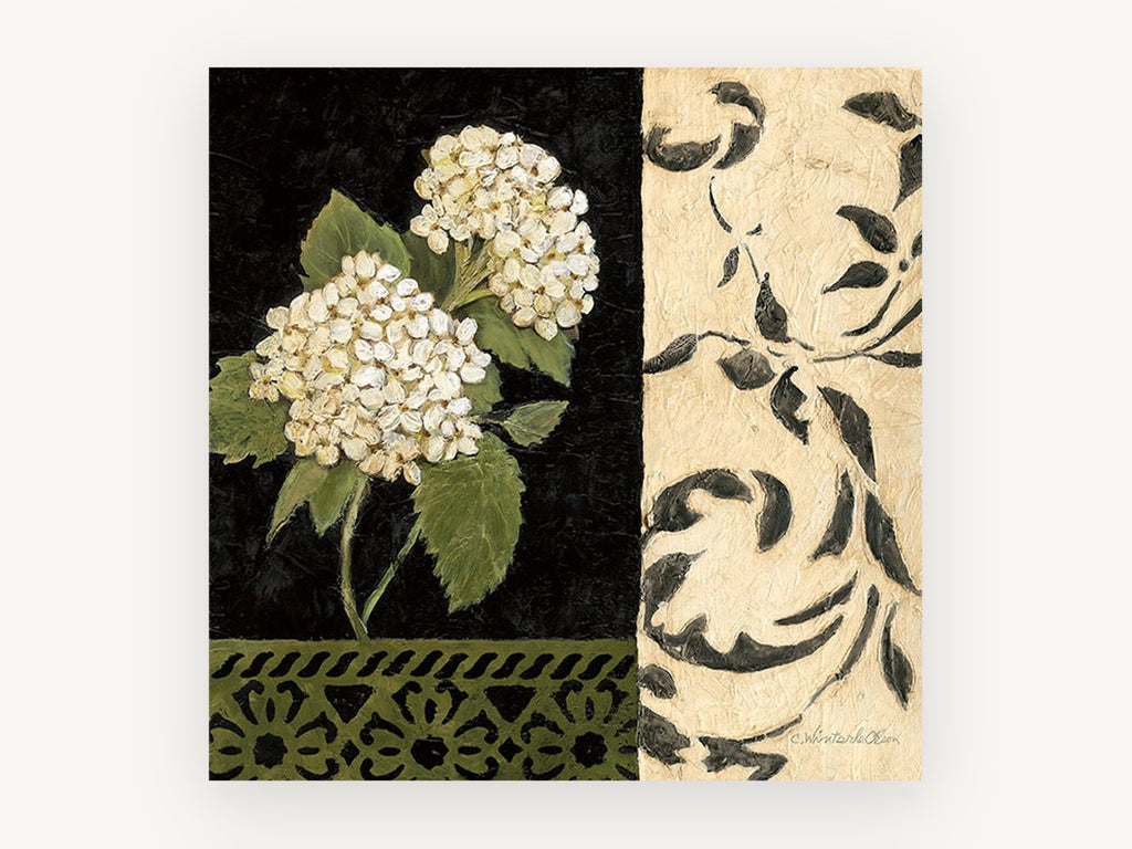 Hydrangea on Black Damask, floral canvas wall art print, front view