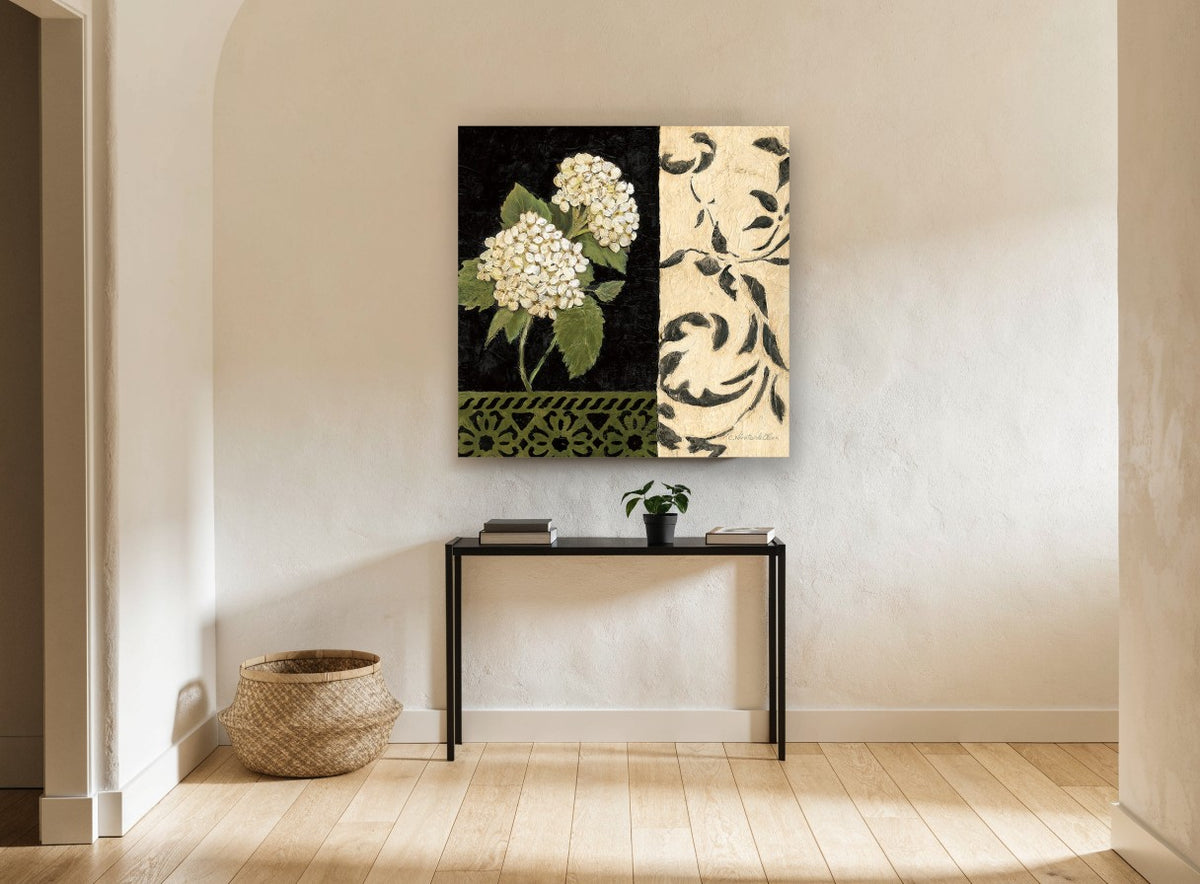 Hydrangea on Black Damask floral canvas print on the wall of a hallway