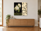 Hydrangea on Black Damask floral canvas print on the wall of a living room above a sideboard
