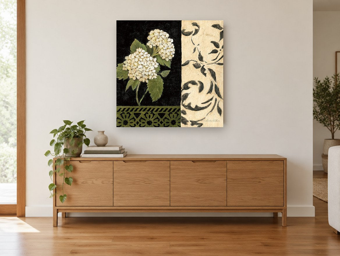 Hydrangea on Black Damask floral canvas print on the wall of a living room above a sideboard
