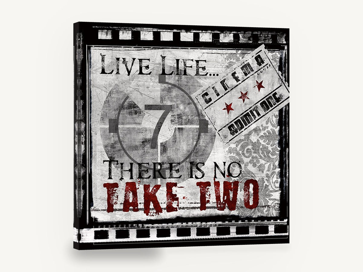 Live Life Take Two, vintage cinema film strip quote, stretched canvas wall art print ready to hang