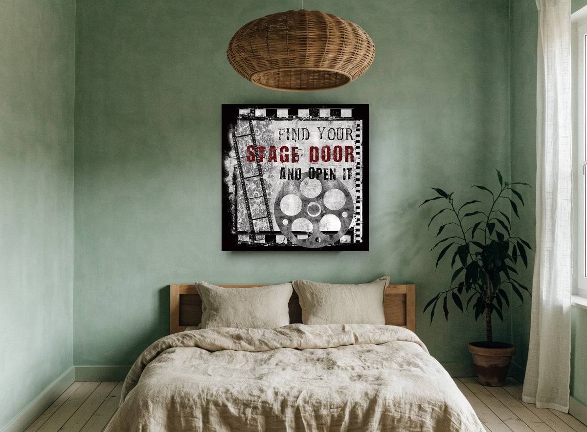 Find Your Stage Door vintage canvas print on the wall of a bedroom