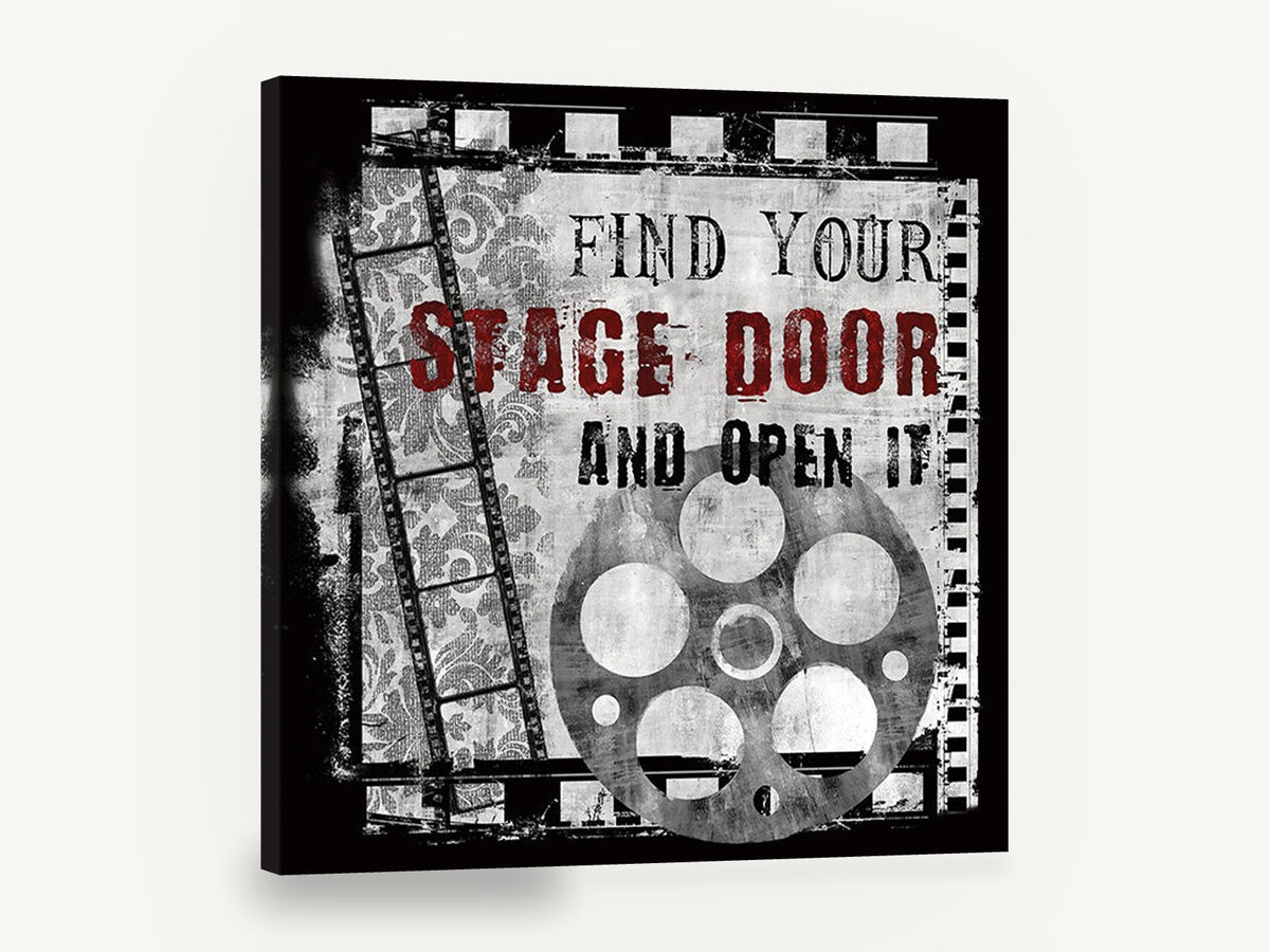 Find Your Stage Door, retro film reel stage door typography, stretched canvas wall art print ready to hang