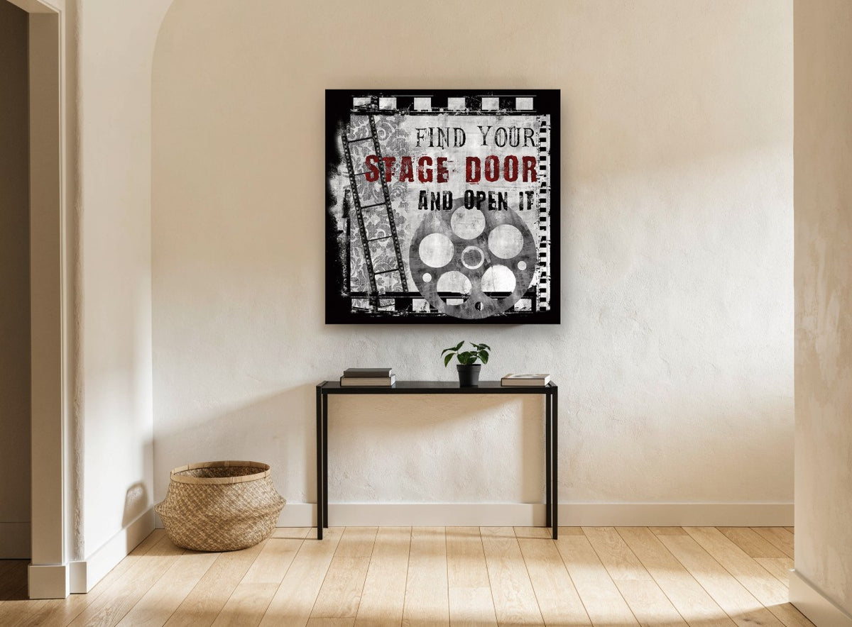 Find Your Stage Door vintage canvas print on the wall of a hallway