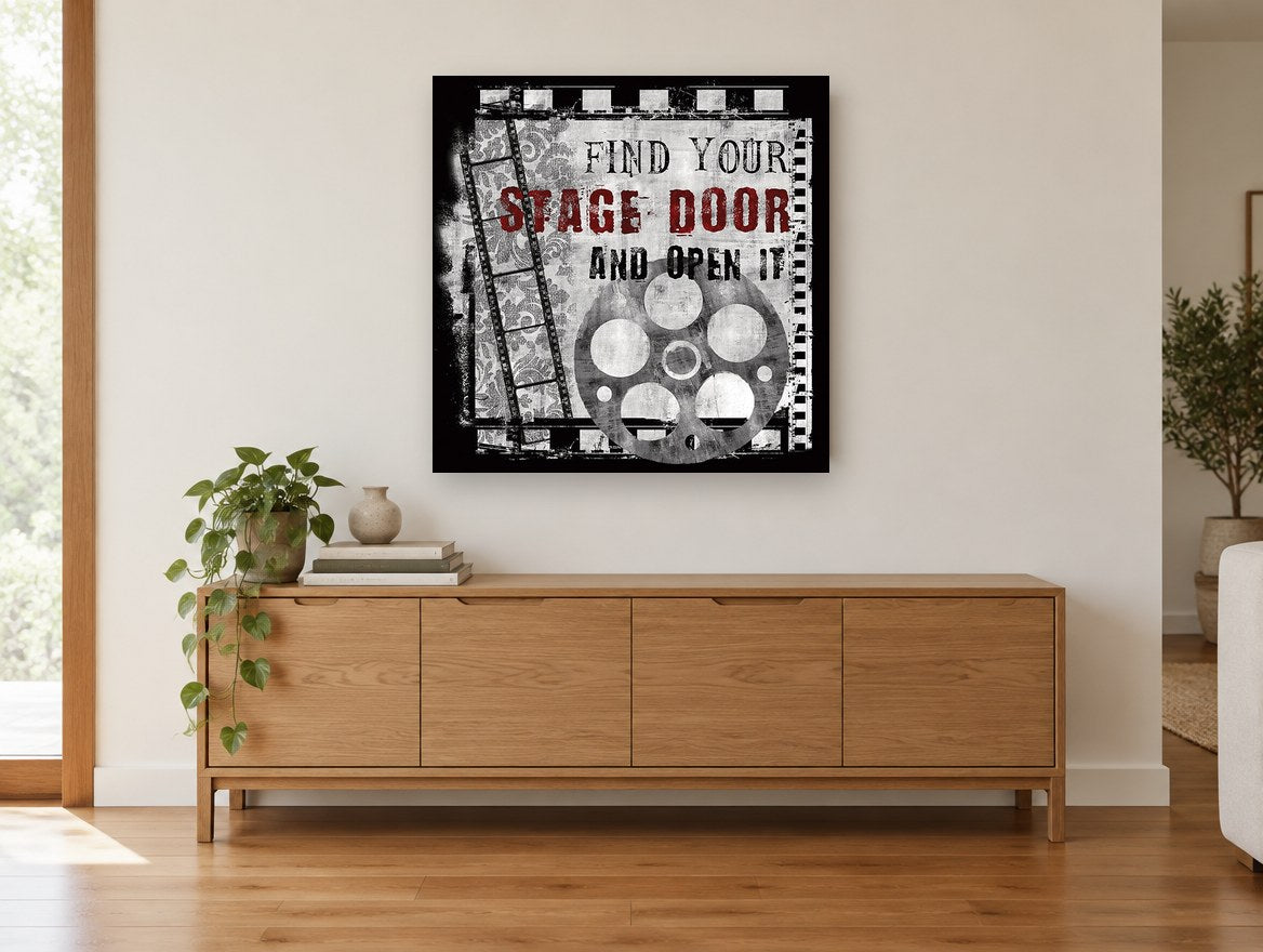 Find Your Stage Door vintage canvas print on the wall of a living room above a sideboard