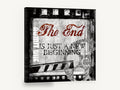 The End Film Frame, retro cinema film strip typography, stretched canvas wall art print ready to hang