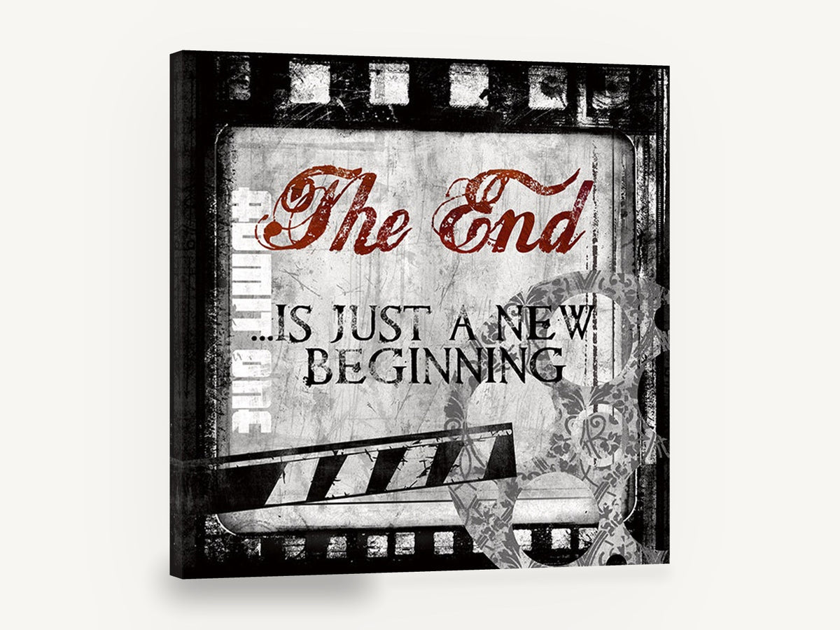 The End Film Frame, retro cinema film strip typography, stretched canvas wall art print ready to hang