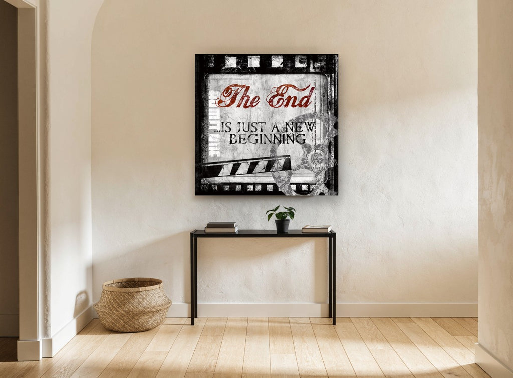 The End Film Frame vintage canvas print on the wall of a hallway