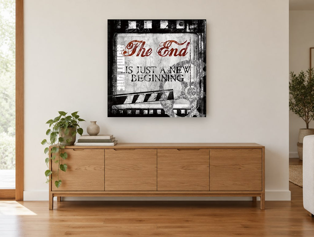 The End Film Frame vintage canvas print on the wall of a living room above a sideboard