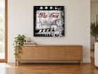 The End Film Frame vintage canvas print on the wall of a living room above a sideboard