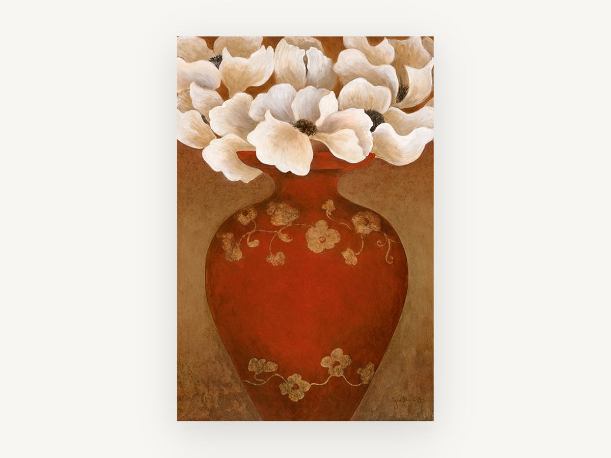 Cream Blooms Red Urn, floral canvas wall art print, front view