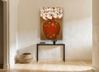 Cream Blooms Red Urn floral canvas print on the wall of a hallway