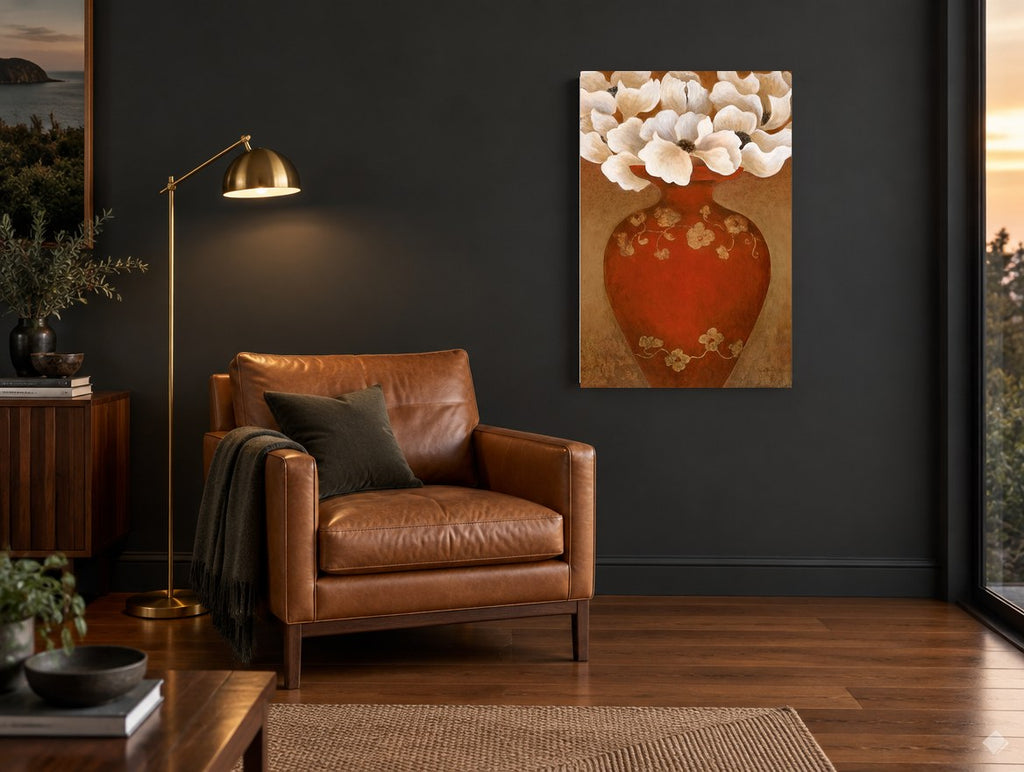 Cream Blooms Red Urn floral canvas print on the wall of a charcoal living room