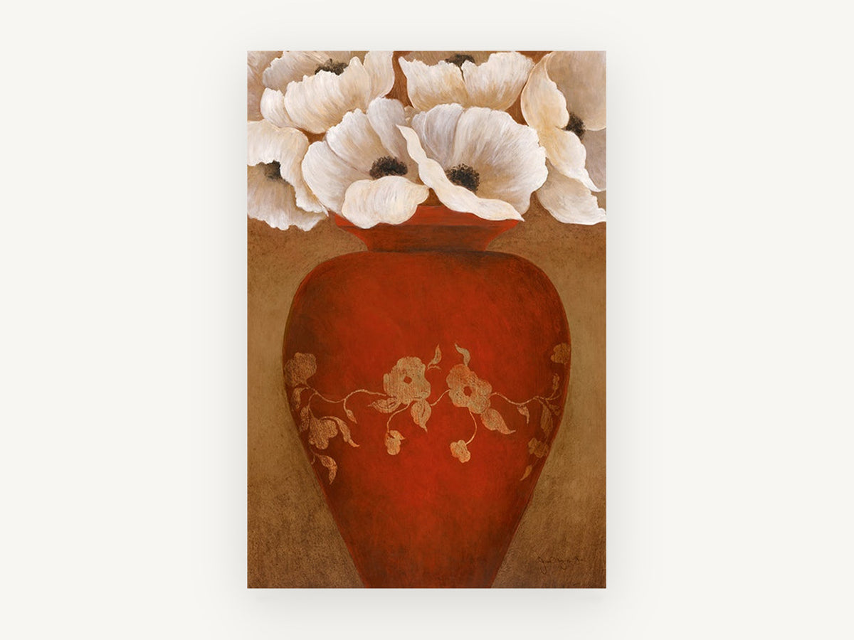 Red Vase White Poppies, floral canvas wall art print, front view