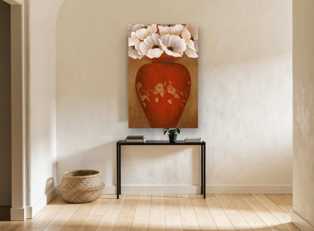 Red Vase White Poppies floral canvas print on the wall of a hallway