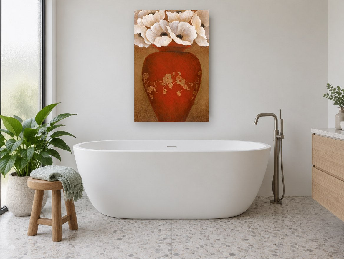 Red Vase White Poppies floral canvas print on the wall of a bathroom