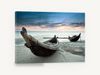 Dusk Beside the Fishing Boats, wooden fishing boats on beach photograph, coastal canvas wall art print ready to hang