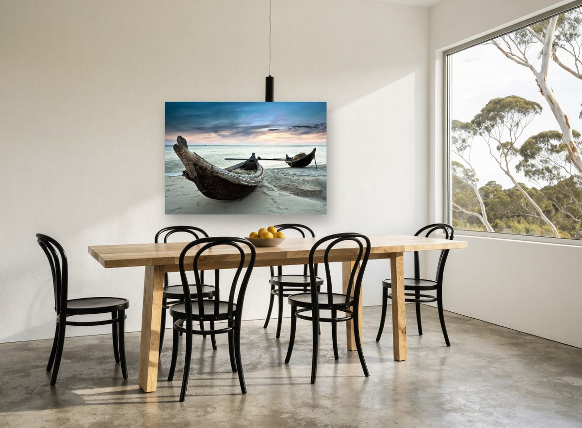 Dusk Beside the Fishing Boats coastal canvas print on the wall of a dining room