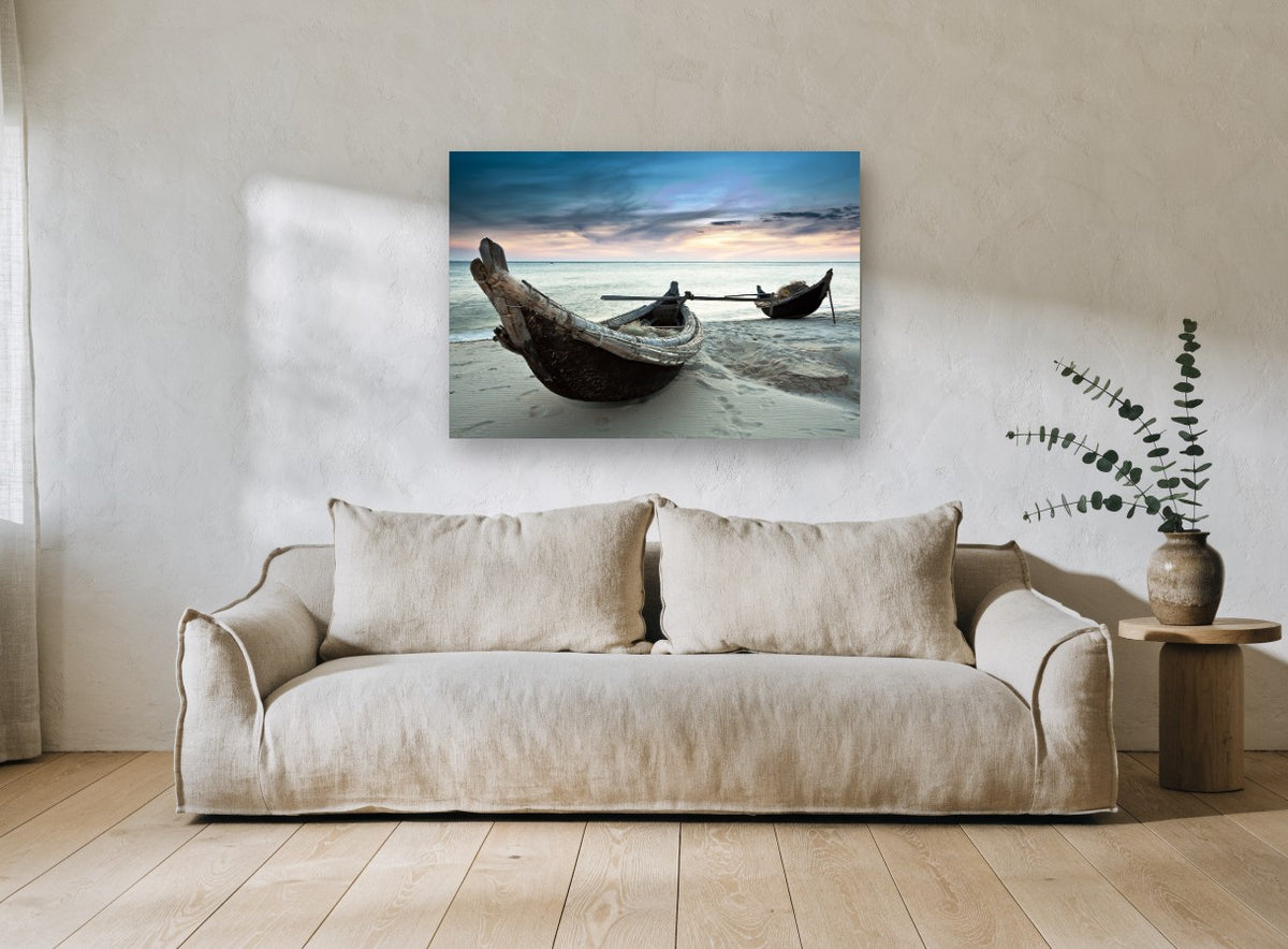 Dusk Beside the Fishing Boats coastal canvas print on the wall of a living room