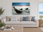 Dusk Beside the Fishing Boats coastal canvas print on the wall of a beach house living room