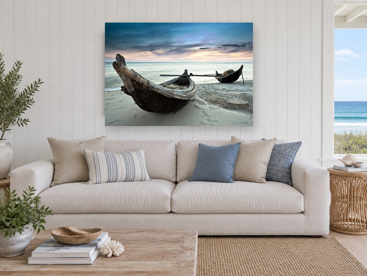 Dusk Beside the Fishing Boats coastal canvas print on the wall of a beach house living room