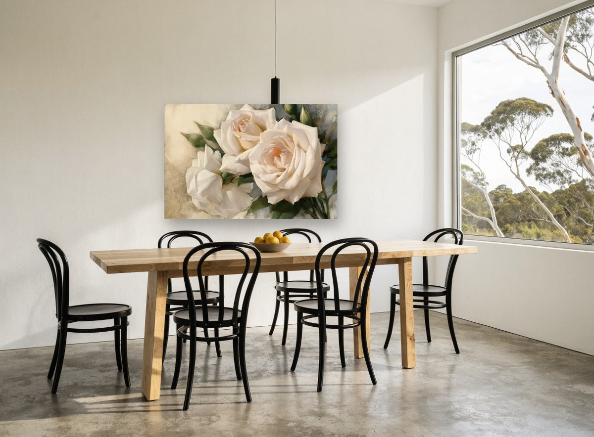 Cream Rose Trio floral canvas print on the wall of a dining room