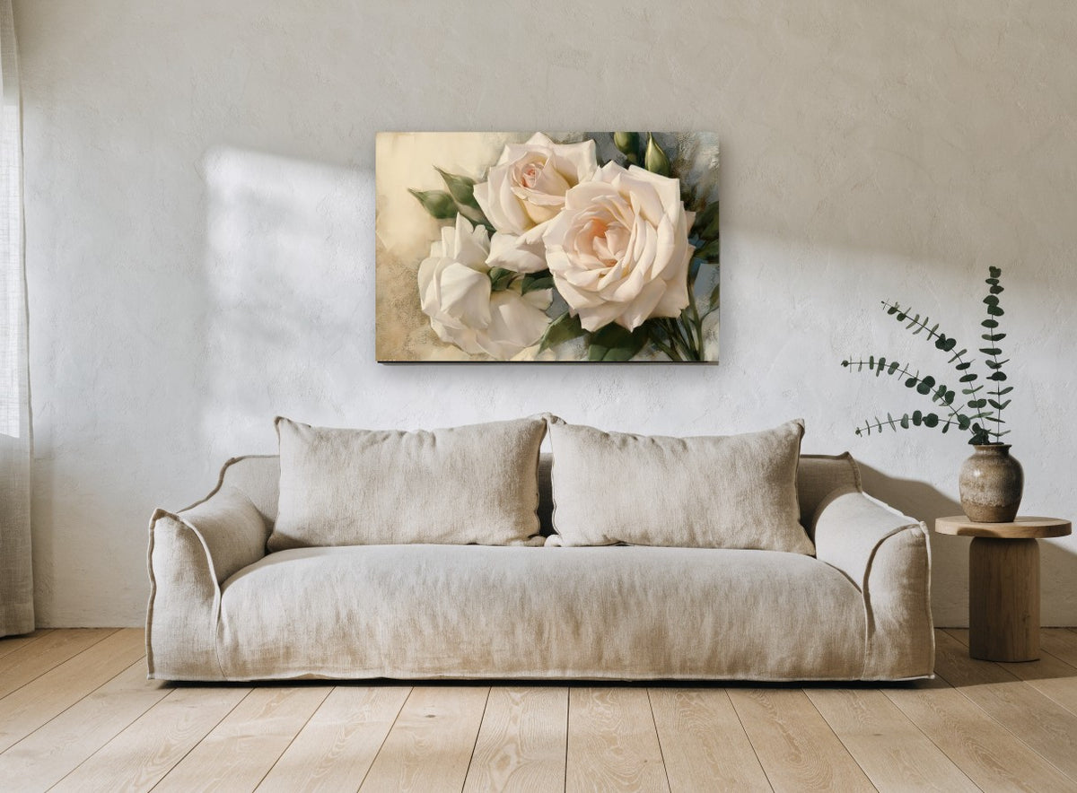 Cream Rose Trio floral canvas print on the wall of a living room