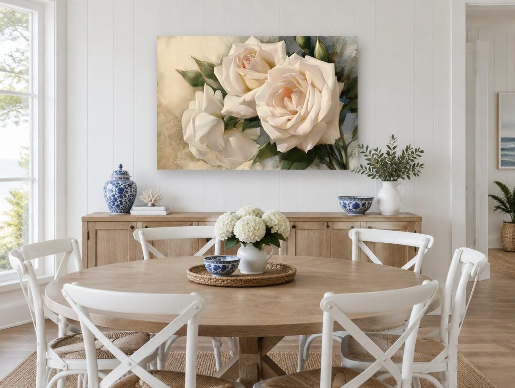 Cream Rose Trio floral canvas print on the wall of a Hamptons dining room