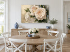 Cream Rose Trio floral canvas print on the wall of a Hamptons dining room