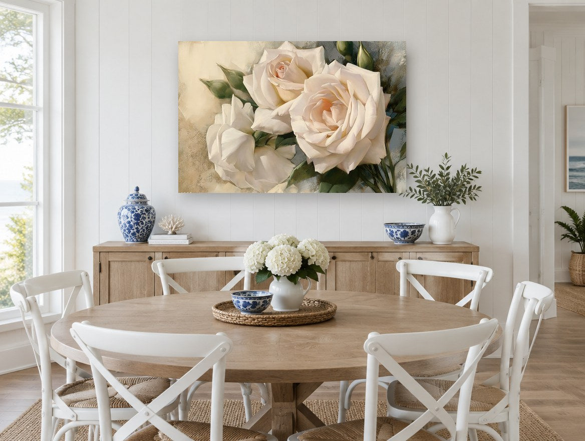 Cream Rose Trio floral canvas print on the wall of a Hamptons dining room
