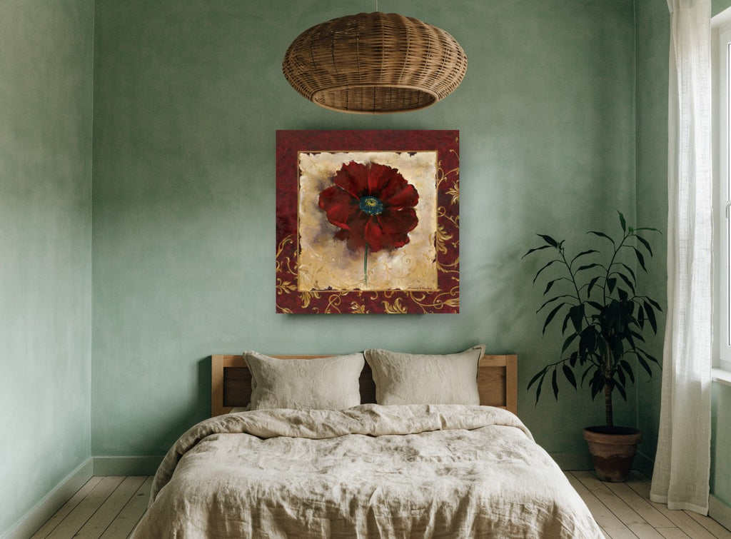Crimson Poppy Gilded Frame floral canvas print on the wall of a bedroom